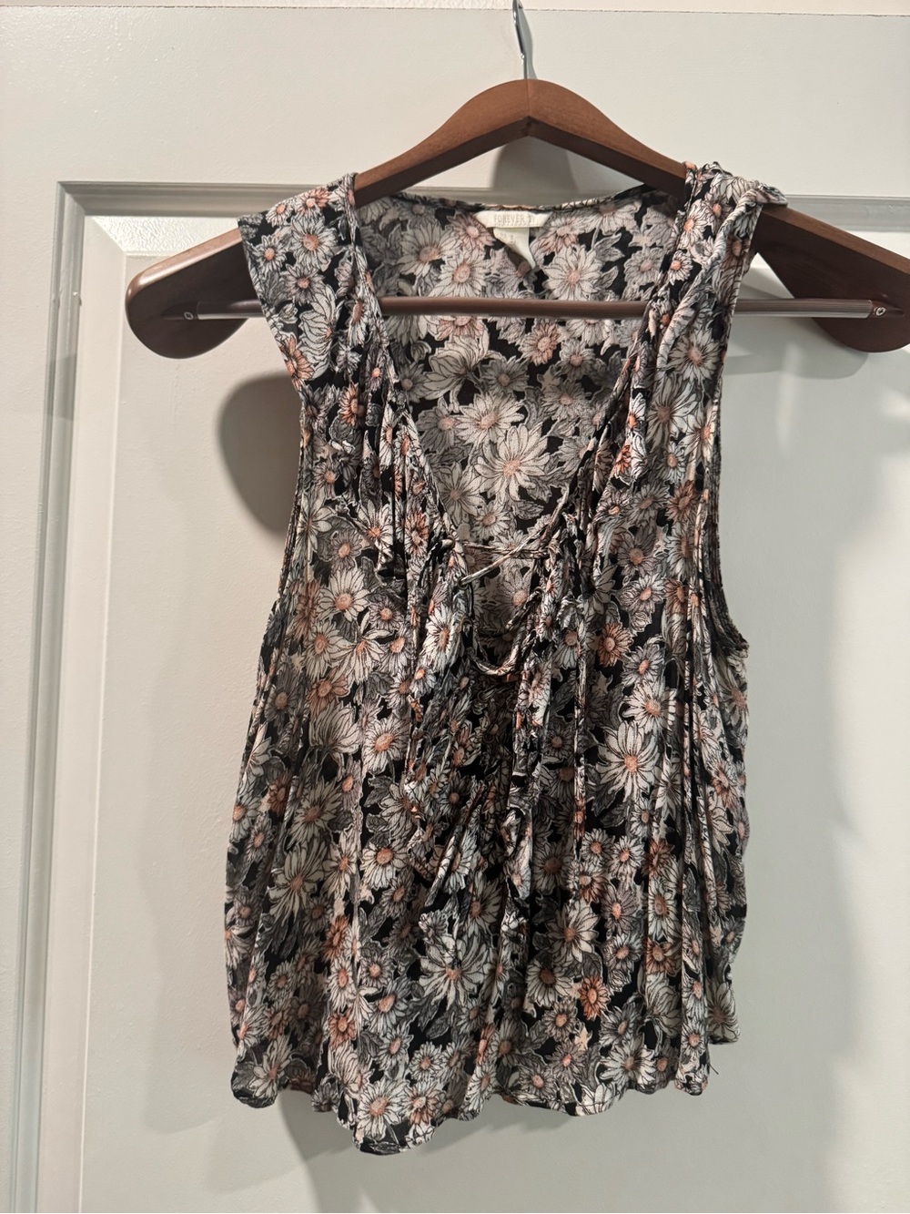 Floral Tie-Front Sleeveless Top - Black & Pink Floral